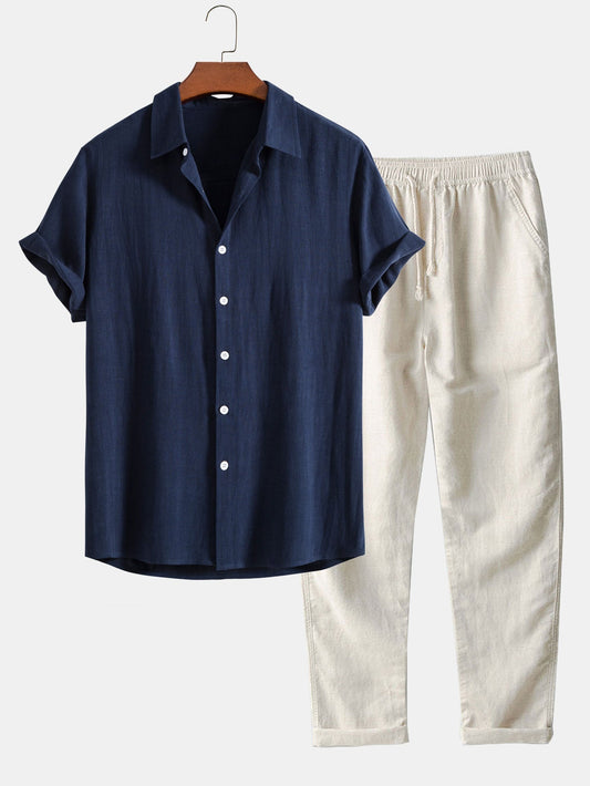 CAMICIA IN MISTO LINO E RAYON CON BOTTONI & PANTALONI IN LINO A GAMBA DRITTA