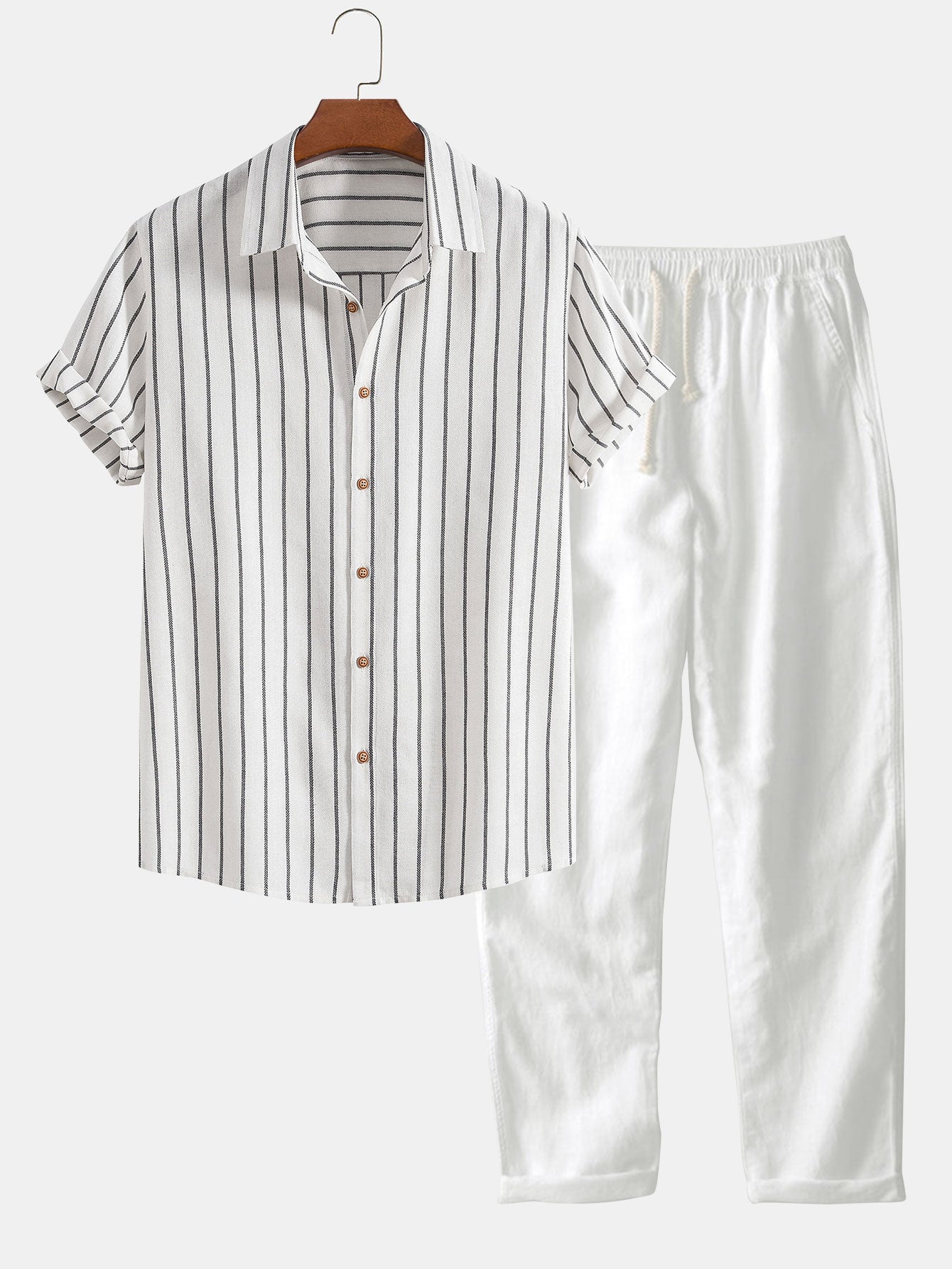 CAMICIA A RIGHE IN COTONE CON BOTTONI & PANTALONI DRITTI IN LINO