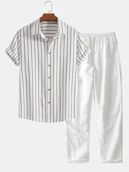 CAMICIA A RIGHE IN COTONE CON BOTTONI & PANTALONI DRITTI IN LINO