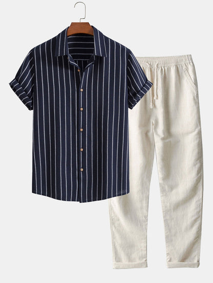 CAMICIA A RIGHE IN COTONE CON BOTTONI & PANTALONI DRITTI IN LINO