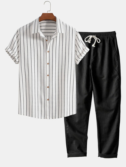 CAMICIA A RIGHE IN COTONE CON BOTTONI & PANTALONI DRITTI IN LINO