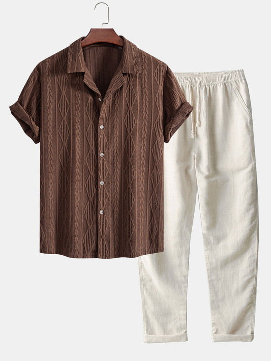 CAMICIA CUBANA JACQUARD GEOMETRICA & PANTALONI DRITTI IN LINO