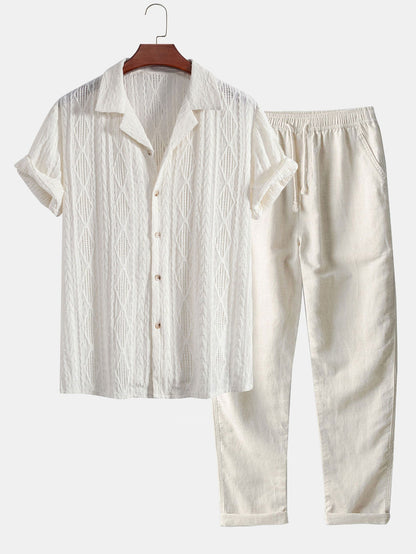 CAMICIA CUBANA JACQUARD GEOMETRICA & PANTALONI DRITTI IN LINO
