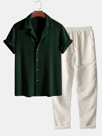 CAMICIA CUBANA A MANICHE CORTE IN MAGLIA WAFFLE & PANTALONI DRITTI IN LINO