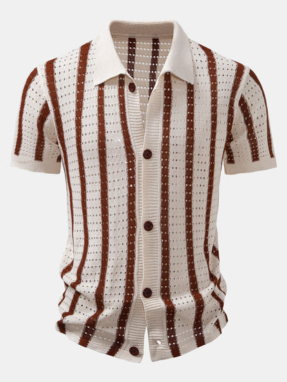 CAMICIA A RIGHE CON OCCHIELLI LAVORATI A MAGLIA & PANTALONI DI LINO A GAMBA DRITTA