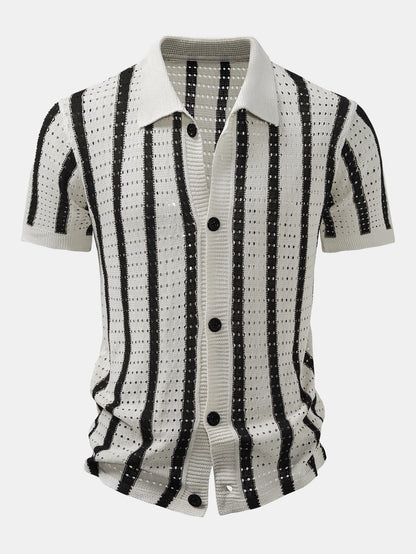 CAMICIA A RIGHE CON OCCHIELLI LAVORATI A MAGLIA & PANTALONI DI LINO A GAMBA DRITTA