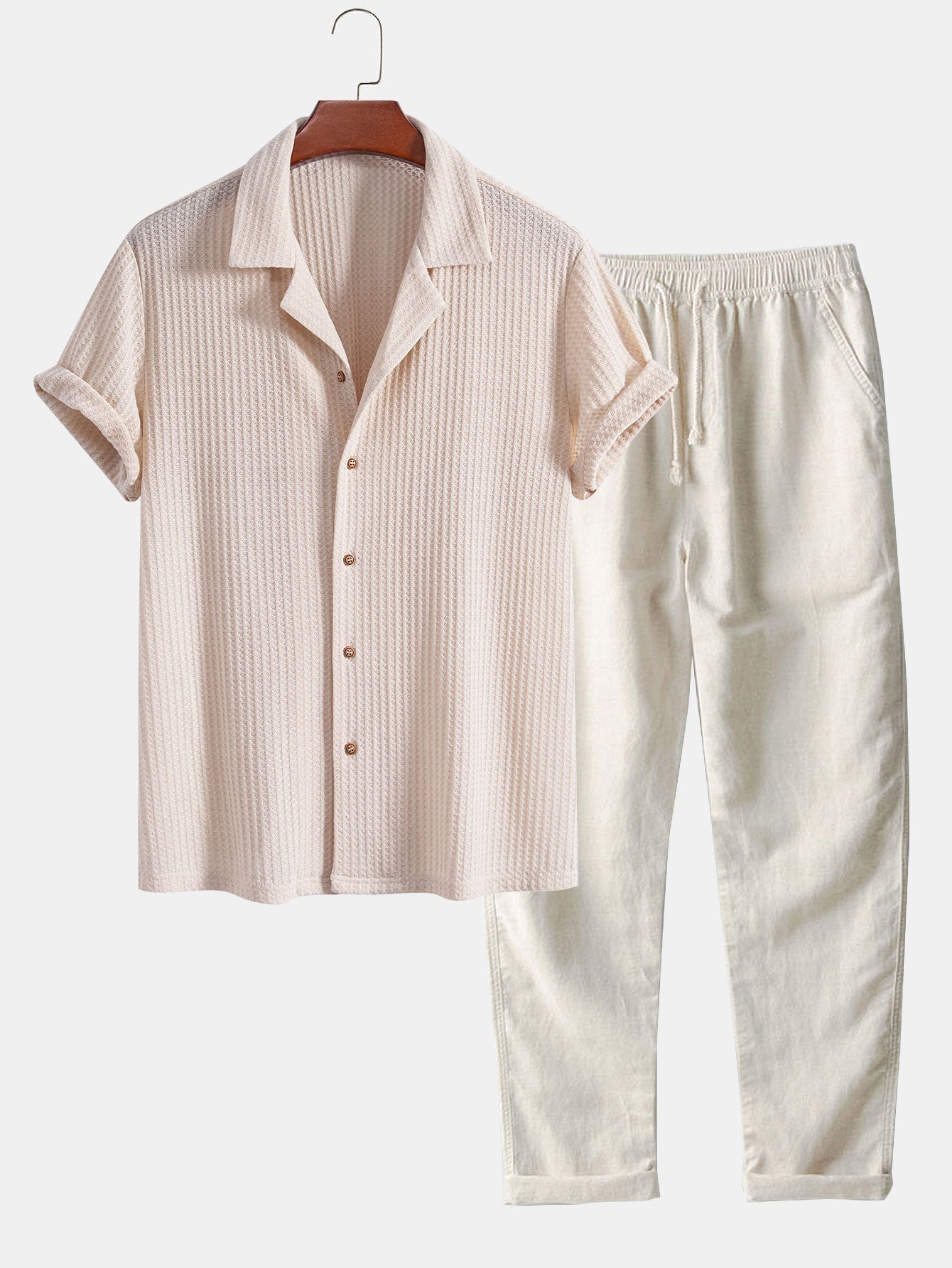 CAMICIA CUBANA A MANICHE CORTE IN MAGLIA WAFFLE & PANTALONI DRITTI IN LINO