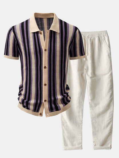CAMICIA A RIGHE CON OCCHIELLI ALL'UNCINETTO E PANTALONI DI LINO CON GAMBA DRITTA