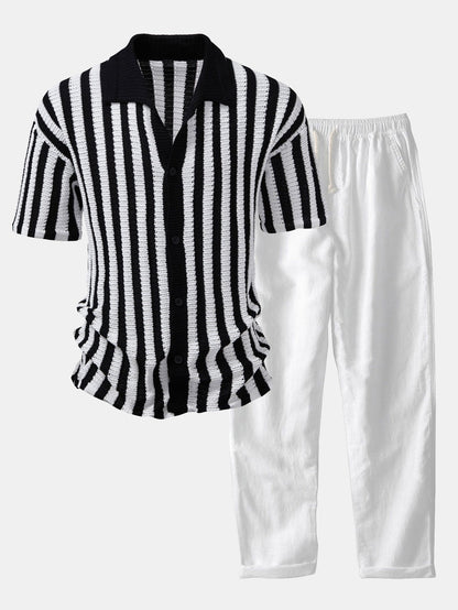 CAMICIA CON SPALLE SCHESE E RIGHE ALL'UNCINETTO & PANTALONI IN LINO CON GAMBA DRITTA