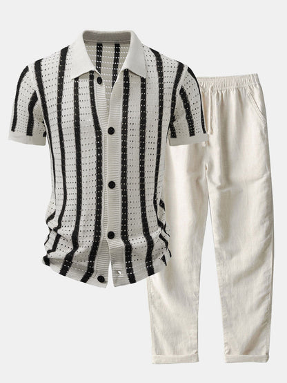 CAMICIA A RIGHE CON OCCHIELLI LAVORATI A MAGLIA & PANTALONI DI LINO A GAMBA DRITTA