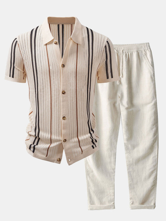 CAMICIA A RIGHE ALL'UNCINETTO CON BOTTONI & PANTALONI IN LINO CON GAMBA DRITTA
