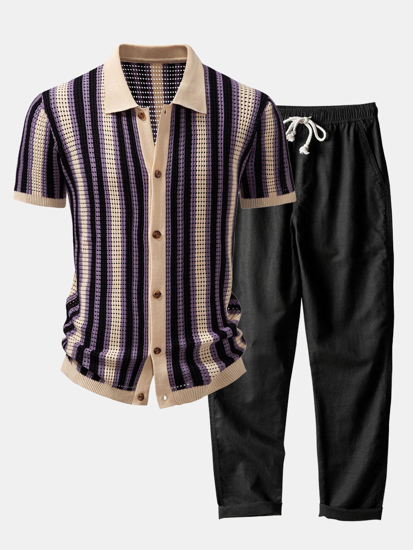 CAMICIA A RIGHE CON OCCHIELLI ALL'UNCINETTO E PANTALONI DI LINO CON GAMBA DRITTA
