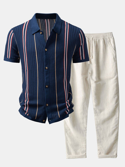 CAMICIA A RIGHE ALL'UNCINETTO CON BOTTONI & PANTALONI IN LINO CON GAMBA DRITTA