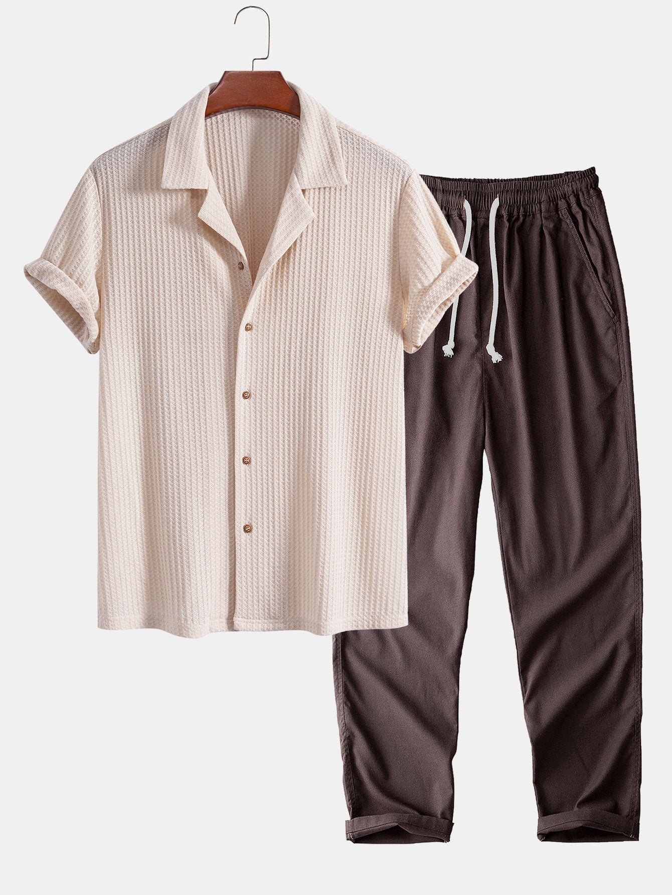CAMICIA CUBANA A MANICHE CORTE IN MAGLIA WAFFLE & PANTALONI DRITTI IN LINO