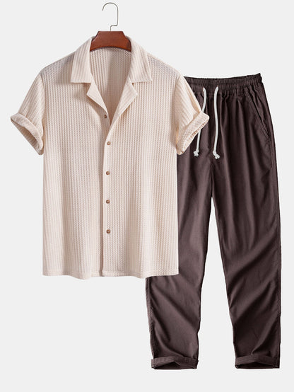 CAMICIA CUBANA A MANICHE CORTE IN MAGLIA WAFFLE & PANTALONI DRITTI IN LINO