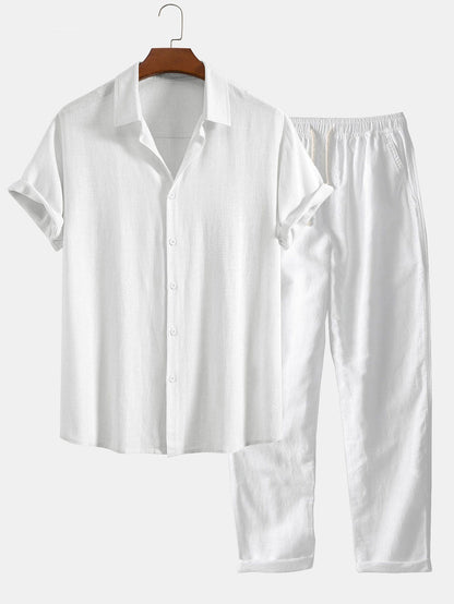 CAMICIA IN MISTO LINO E RAYON CON BOTTONI & PANTALONI IN LINO A GAMBA DRITTA