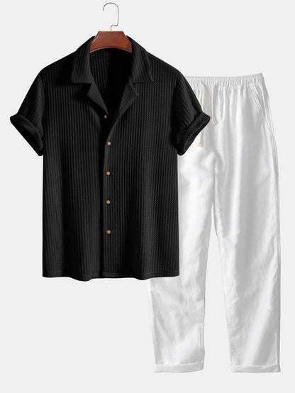 CAMICIA CUBANA A MANICHE CORTE IN MAGLIA WAFFLE & PANTALONI DRITTI IN LINO