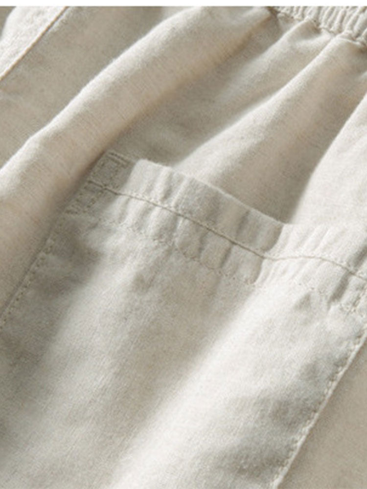 CAMICIA A MANICHE LUNGHE MUSCLE FIT A COSTE CON COLLO ALLA COREANA & PANTALONI IN LINO A GAMBA DRITTA