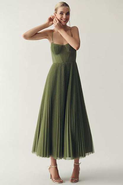 Abito Midi Fit & Flare con Bustier Plissé in Tulle