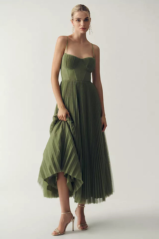 Abito Midi Fit & Flare con Bustier Plissé in Tulle