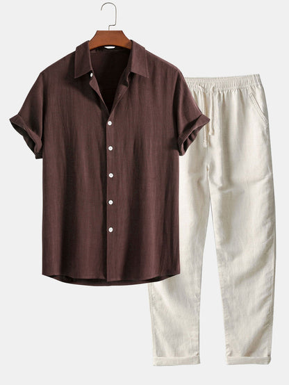 CAMICIA IN MISTO LINO E RAYON CON BOTTONI & PANTALONI IN LINO A GAMBA DRITTA