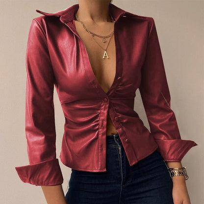 Silvia™ | Blusa in PU Pelle Patchwork con Scollo a V e Maniche Lunghe