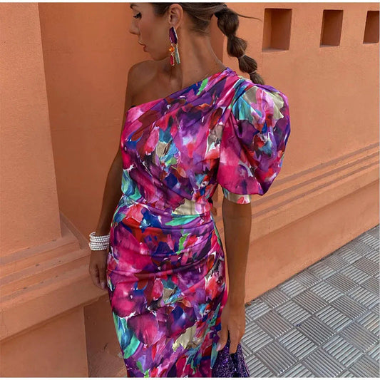 Yllana™ | Abito Midi Lilla con Spalla Unica e Maniche a Palloncino