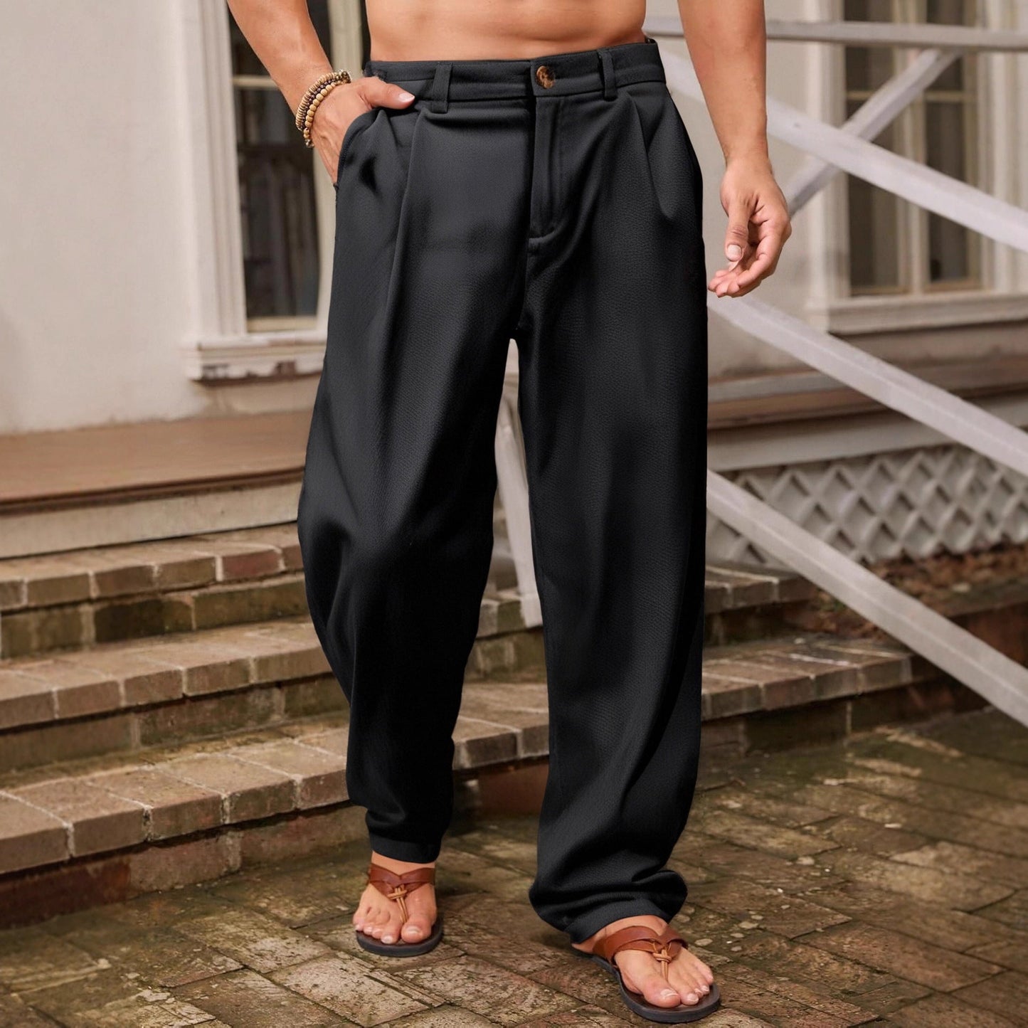 PANTALONI DI LINO A GAMBA LARGA