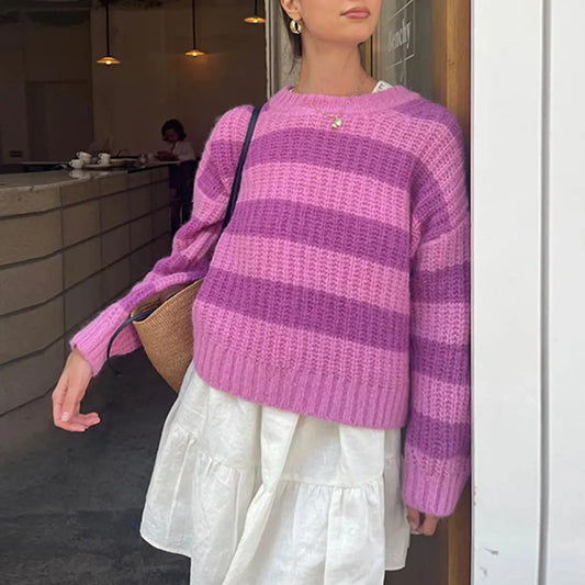 Maglione Pullover a Girocollo per Donna, Taglio Largo, Collo Rotondo, Autunno Inverno, Strisce Colorate a Blocco, Top Tricot Versatile per Abbigliamento Casual