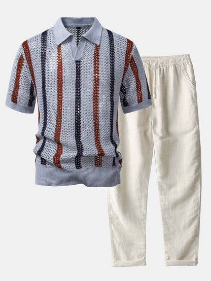 POLO A V ALL'UNCINETTO & PANTALONI IN LINO DRITTI