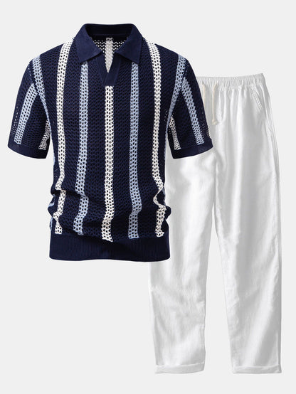 POLO A V ALL'UNCINETTO & PANTALONI IN LINO DRITTI