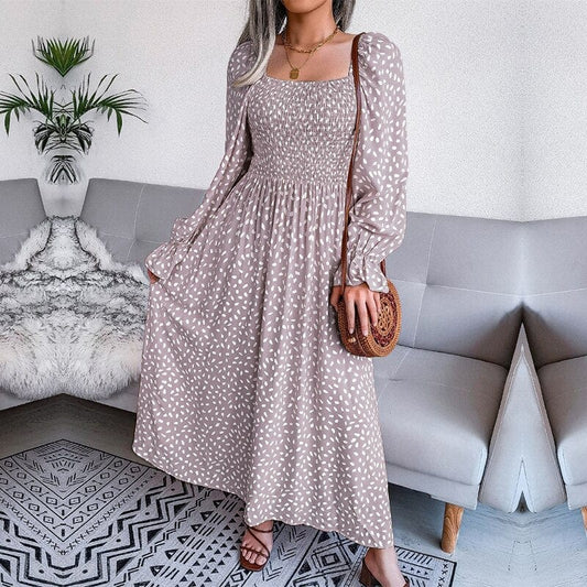 Lotte™ | Elegante Maxi Abito Beige a Maniche Lunghe