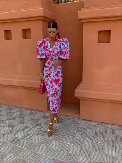 Arielle™ | Abito Midi Colorato con Maniche a Pieghe