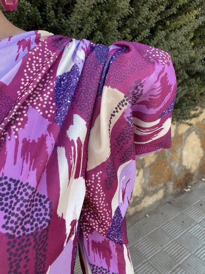 Yllana™ | Abito Midi Lilla con Spalla Unica e Maniche a Palloncino
