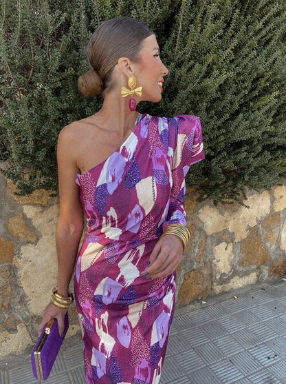 Yllana™ | Abito Midi Lilla con Spalla Unica e Maniche a Palloncino